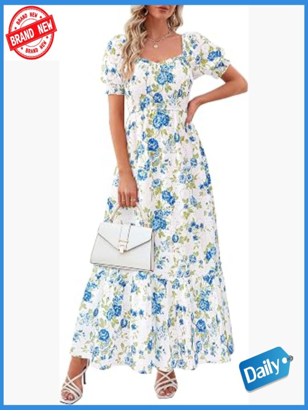 Floral Boho Maxi Dress Flowy Short Sleeve A Line Smocked Eyelet Summer Beach